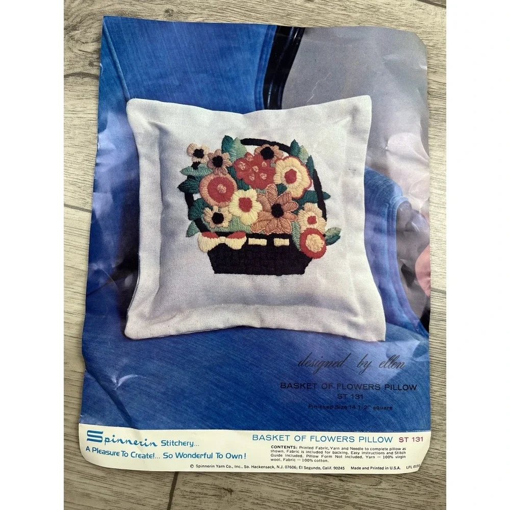 Vintage 70's Spinnerin Crewel Basket of Flowers Pillow Kit Creative Craft ST 131